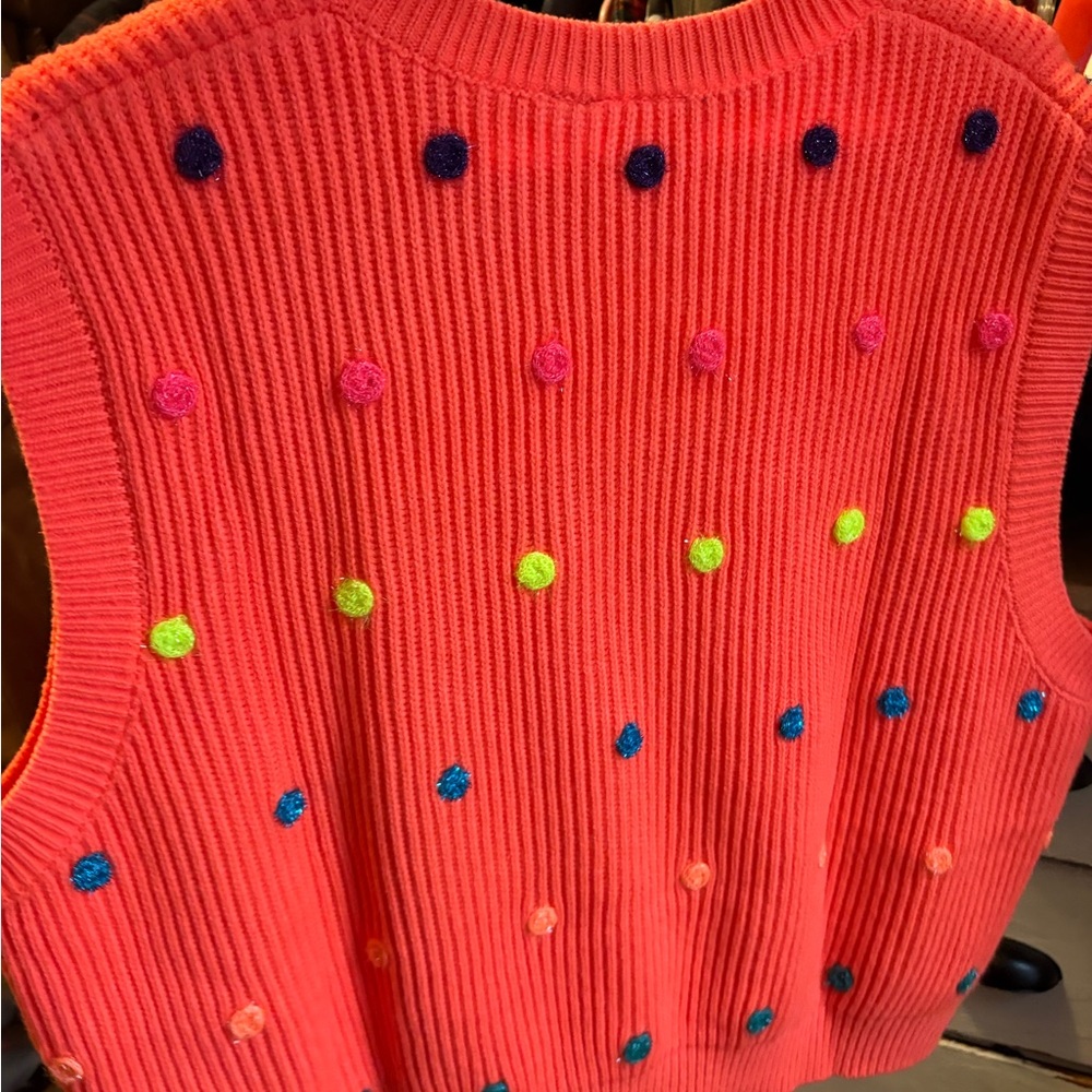 Queen of Sparkles Neon Orange Polka Dot Sweater Vest - Picture 3 of 4